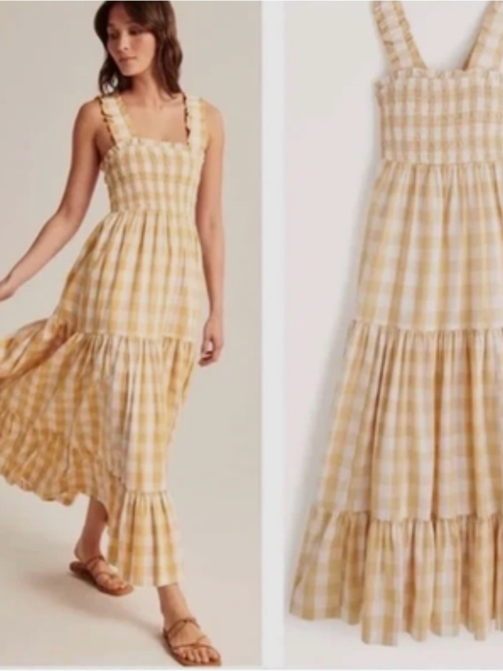 Abercrombie & Fitch Yellow Gingham Smocked Maxi Dress